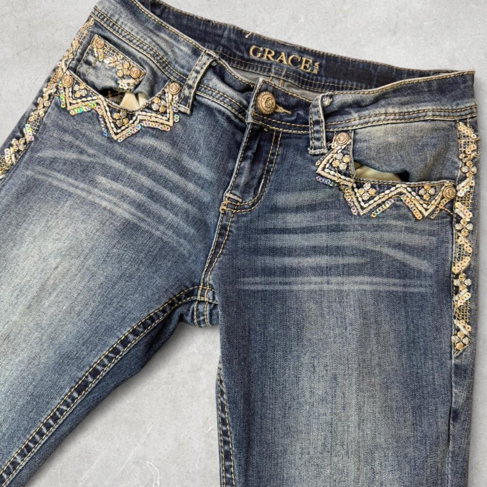 Grace In LA Y2K Blue Rhinestone Bootcut Jeans 💎 | Retro Festival Streetwear